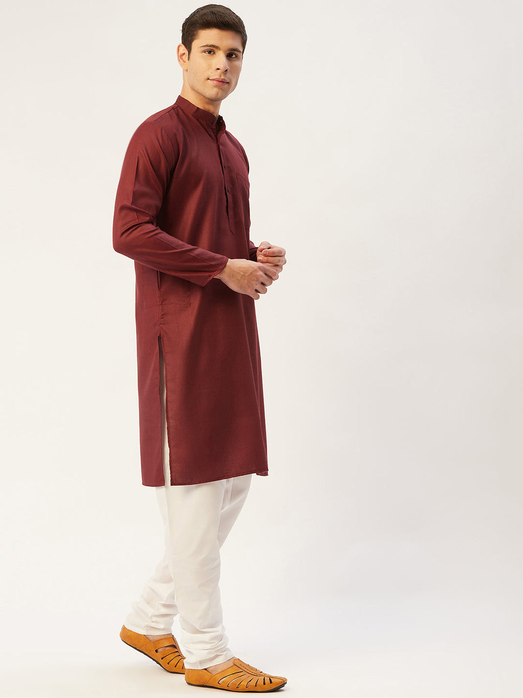 Jompers Men's Maroon Cotton Solid Kurta Pyjama | Grocsy