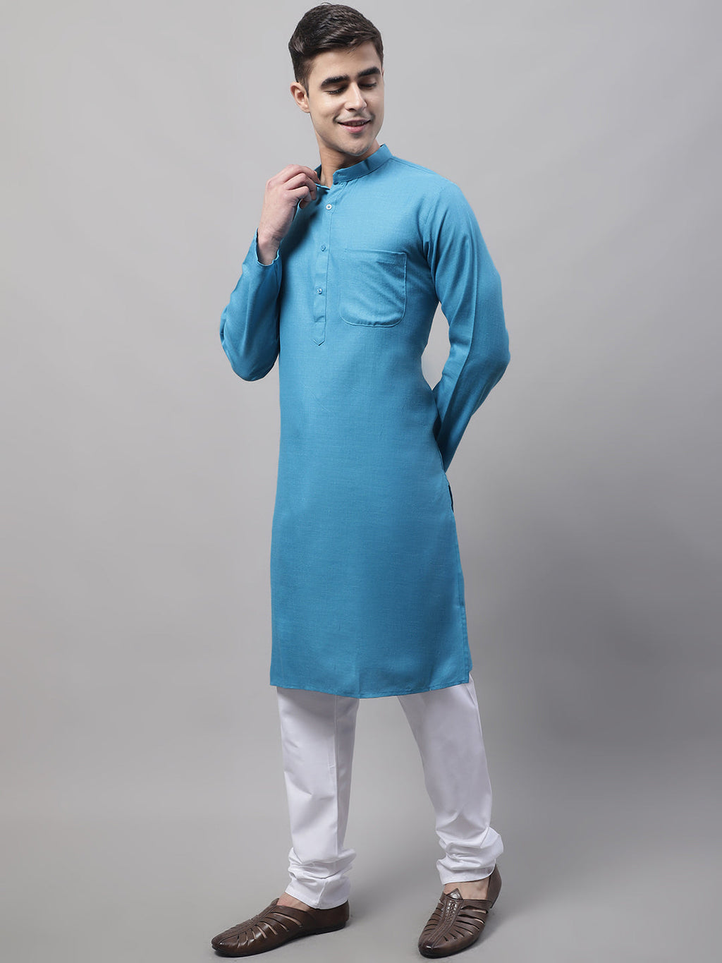 Jompers Men's Cotton Solid Kurta Payjama Sets - Teal | Grocsy