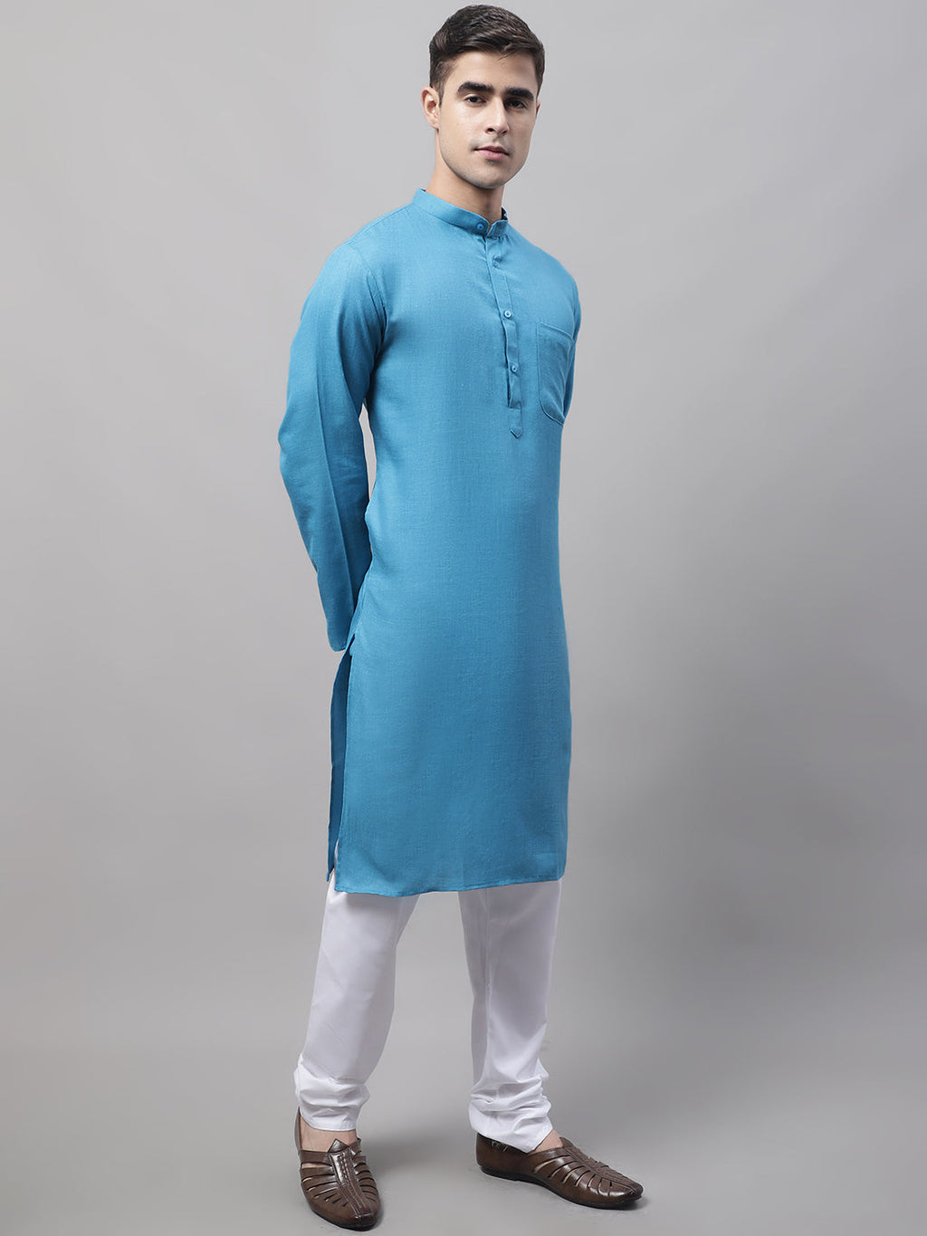 Jompers Men's Cotton Solid Kurta Payjama Sets - Teal | Grocsy