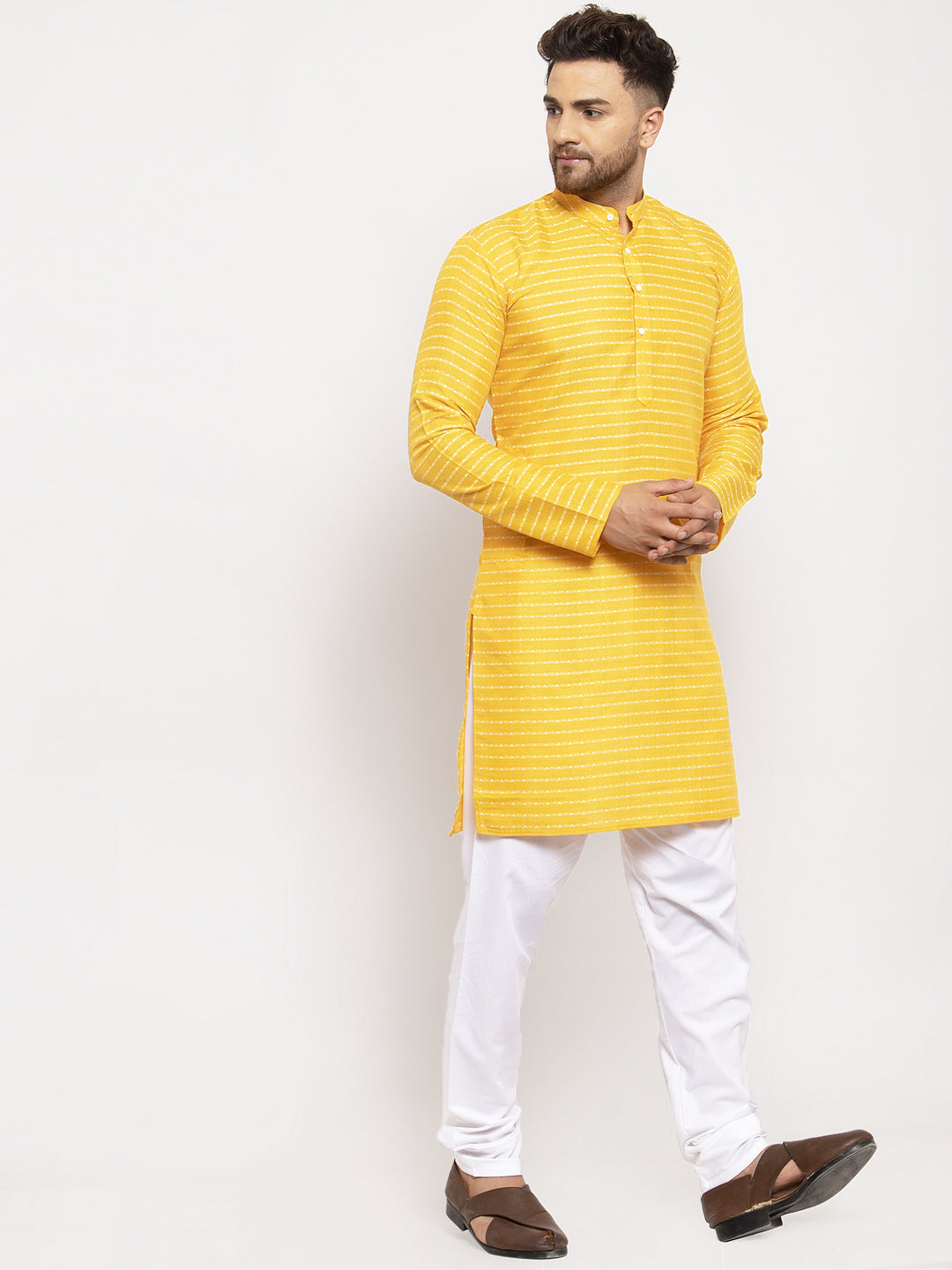 Jompers Men Yellow Woven Design Straight Kurta with Churidar | Grocsy