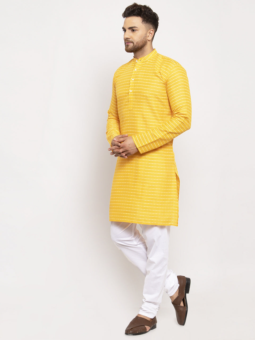 Jompers Men Yellow Woven Design Straight Kurta with Churidar | Grocsy