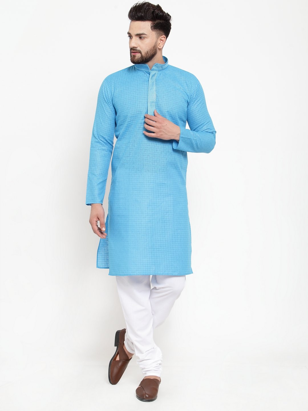 Jompers Men Blue & White Embroidered Kurta Only | Grocsy