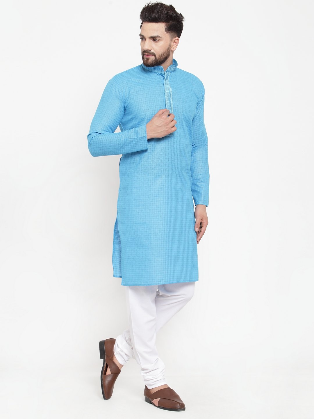 Jompers Men Blue & White Embroidered Kurta Only | Grocsy