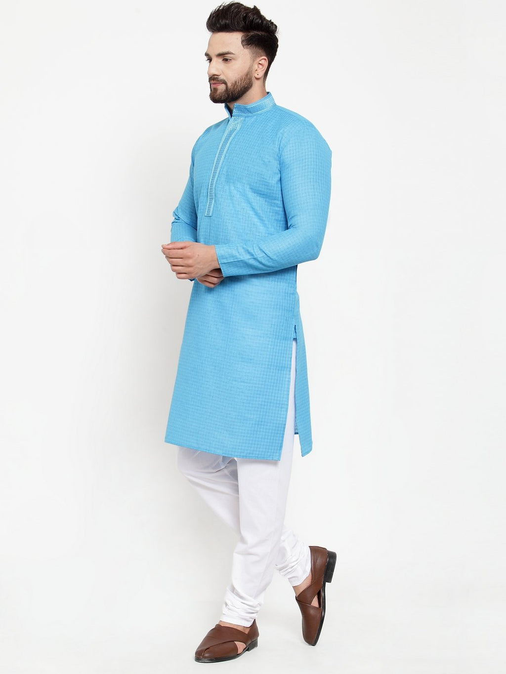 Jompers Men's Blue & White Embroidered Kurta with Chudidar | Grocsy
