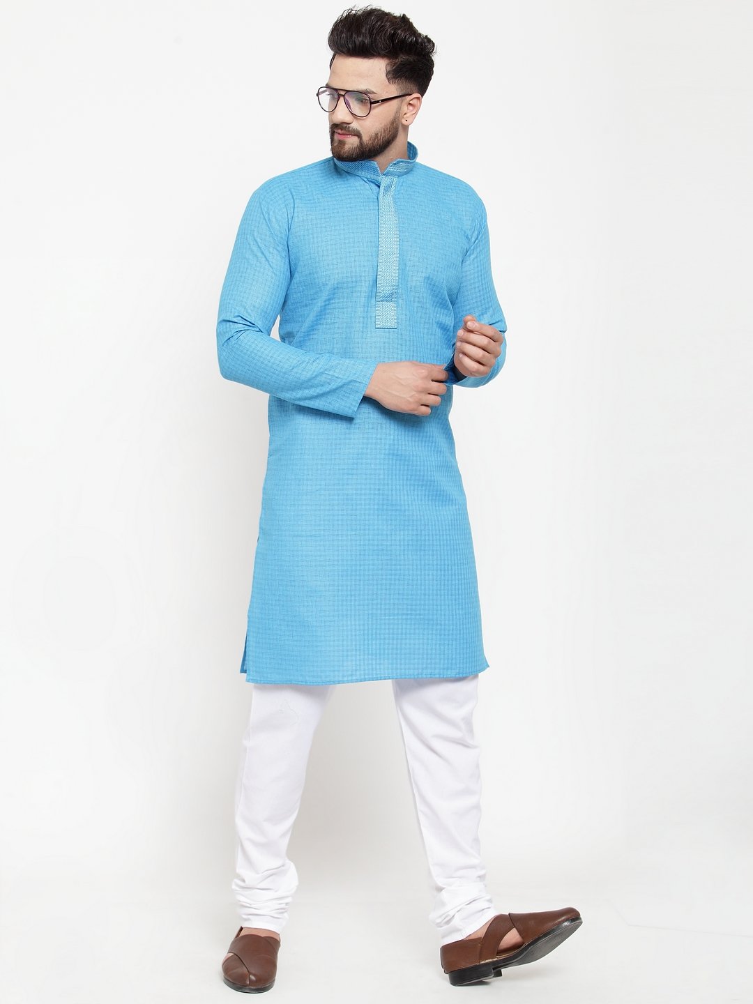 Jompers Men Blue & White Embroidered Kurta Only | Grocsy