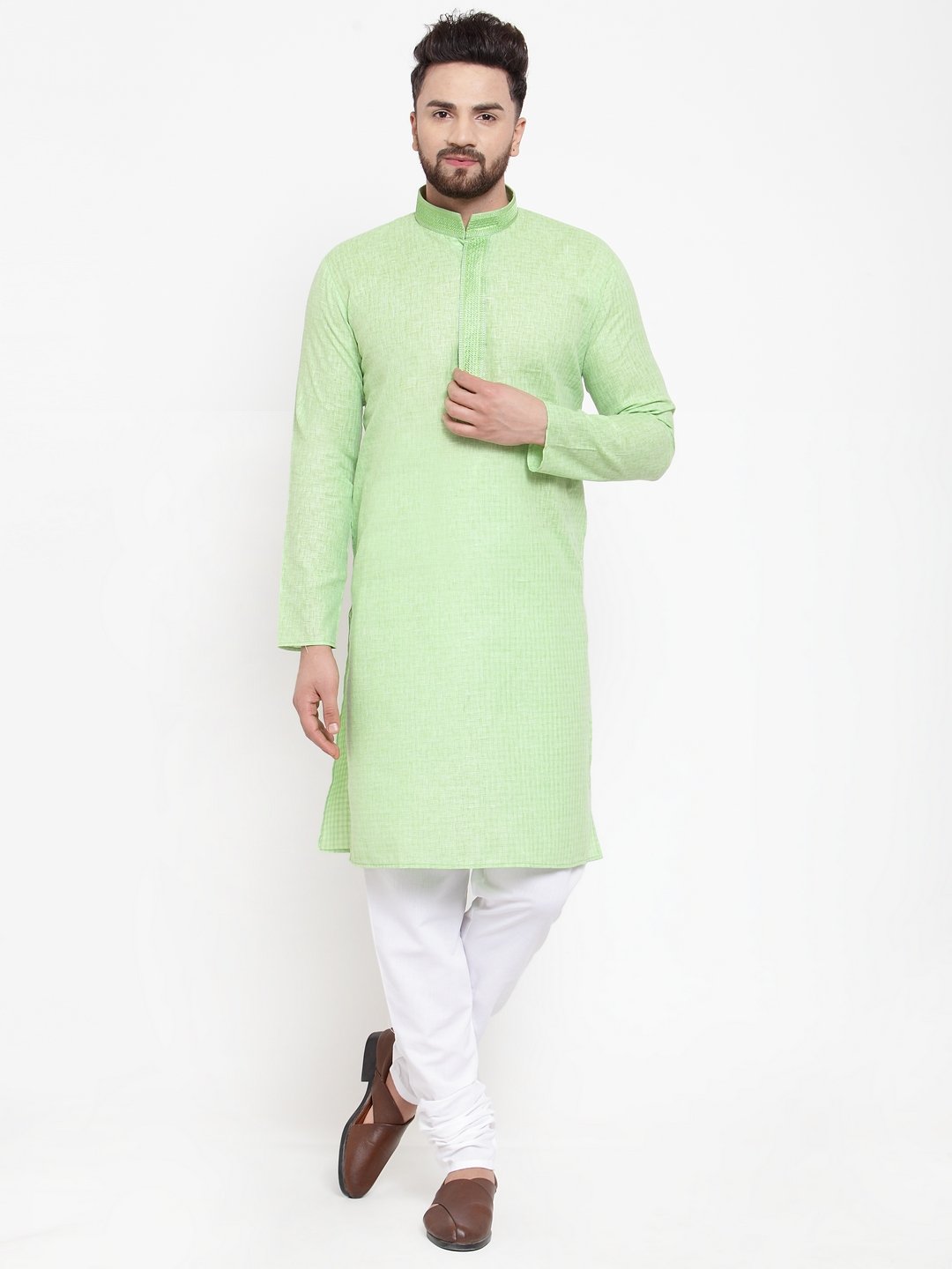 Jompers Men Green & White Embroidered Kurta with Churidar | Grocsy