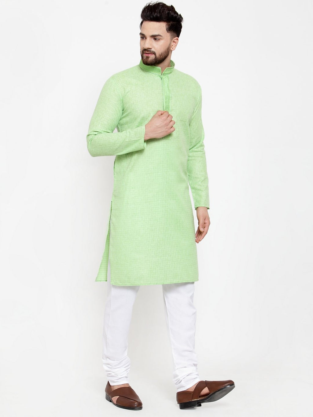 Jompers Men Green & White Embroidered Kurta with Churidar | Grocsy