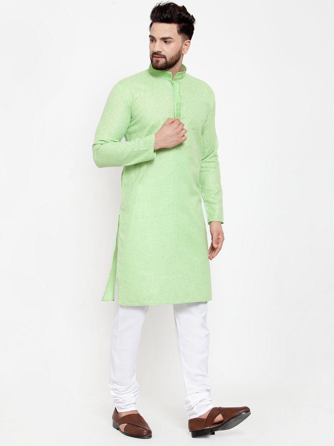 Jompers Men Green & White Embroidered Kurta with Churidar | Grocsy