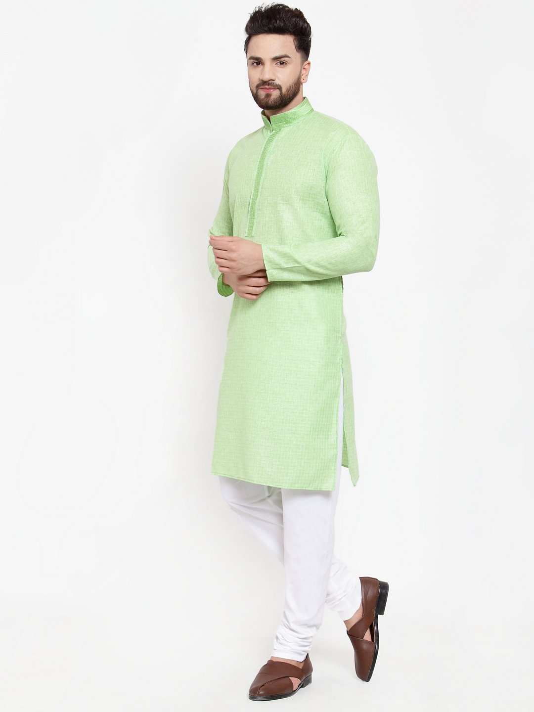 Jompers Men Green & White Embroidered Kurta with Churidar | Grocsy