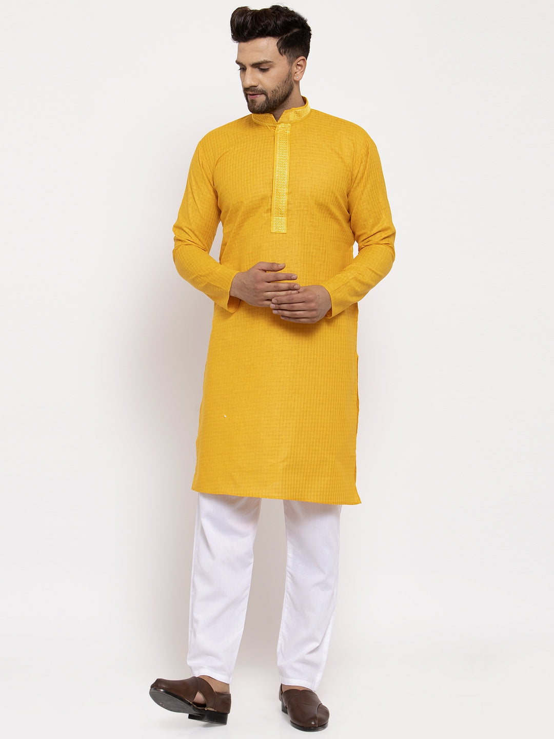 Jompers Men's Mustard Woven Kurta Only | Grocsy