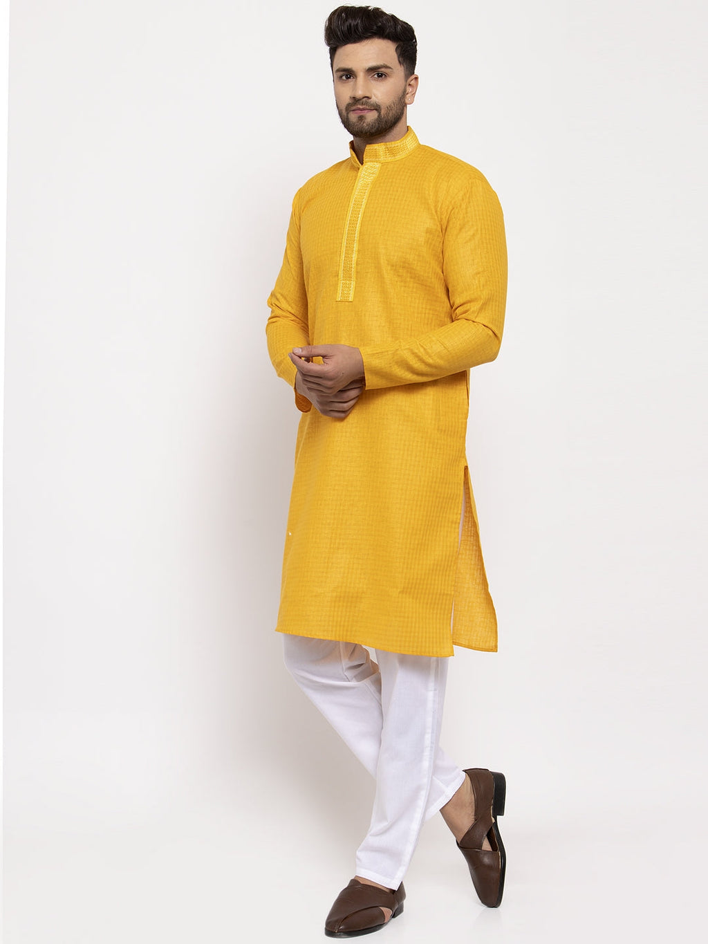 Jompers Men's Mustard Woven Kurta Only | Grocsy