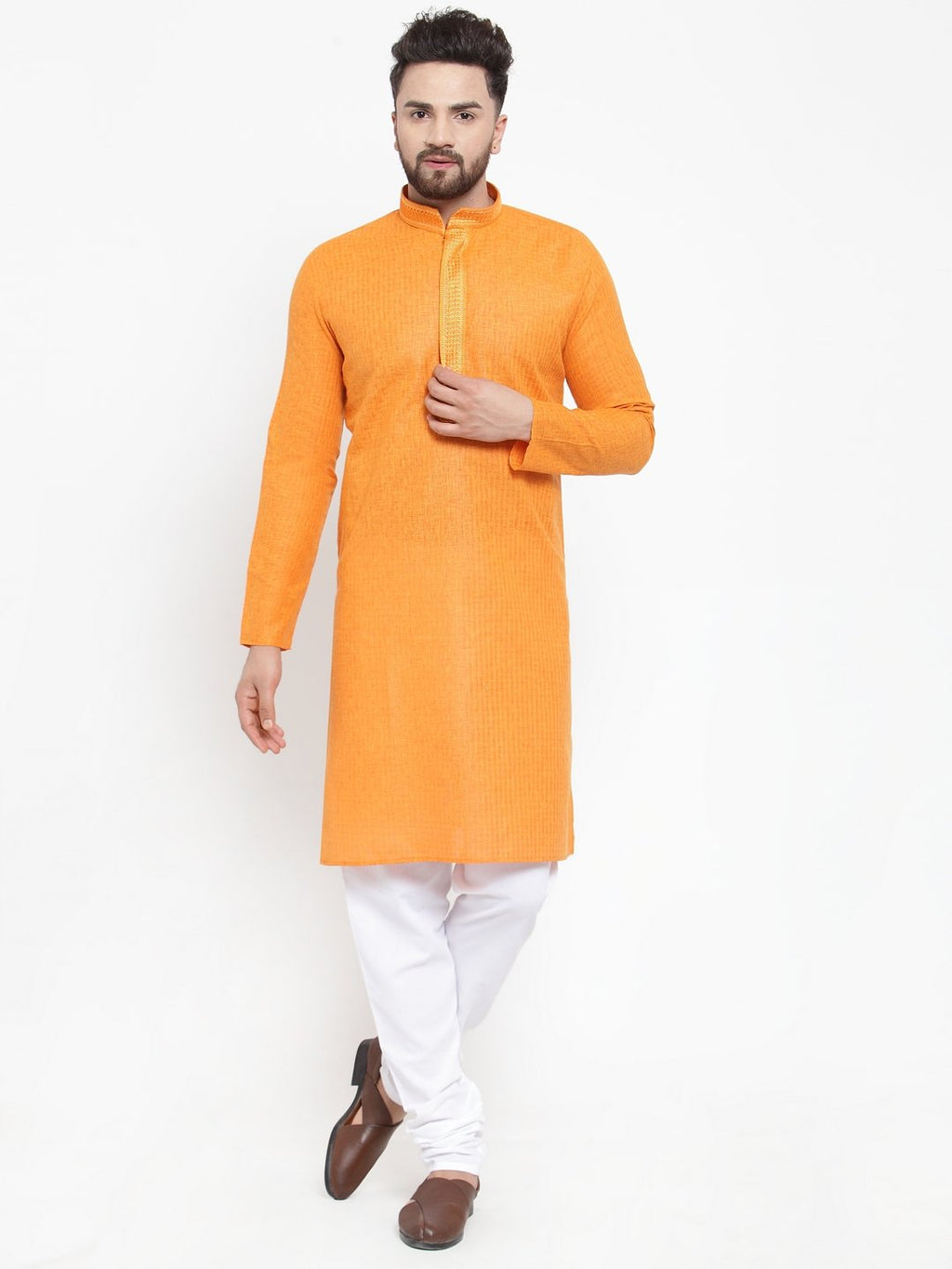 Jompers Men Orange & White Embroidered Kurta Only | Grocsy