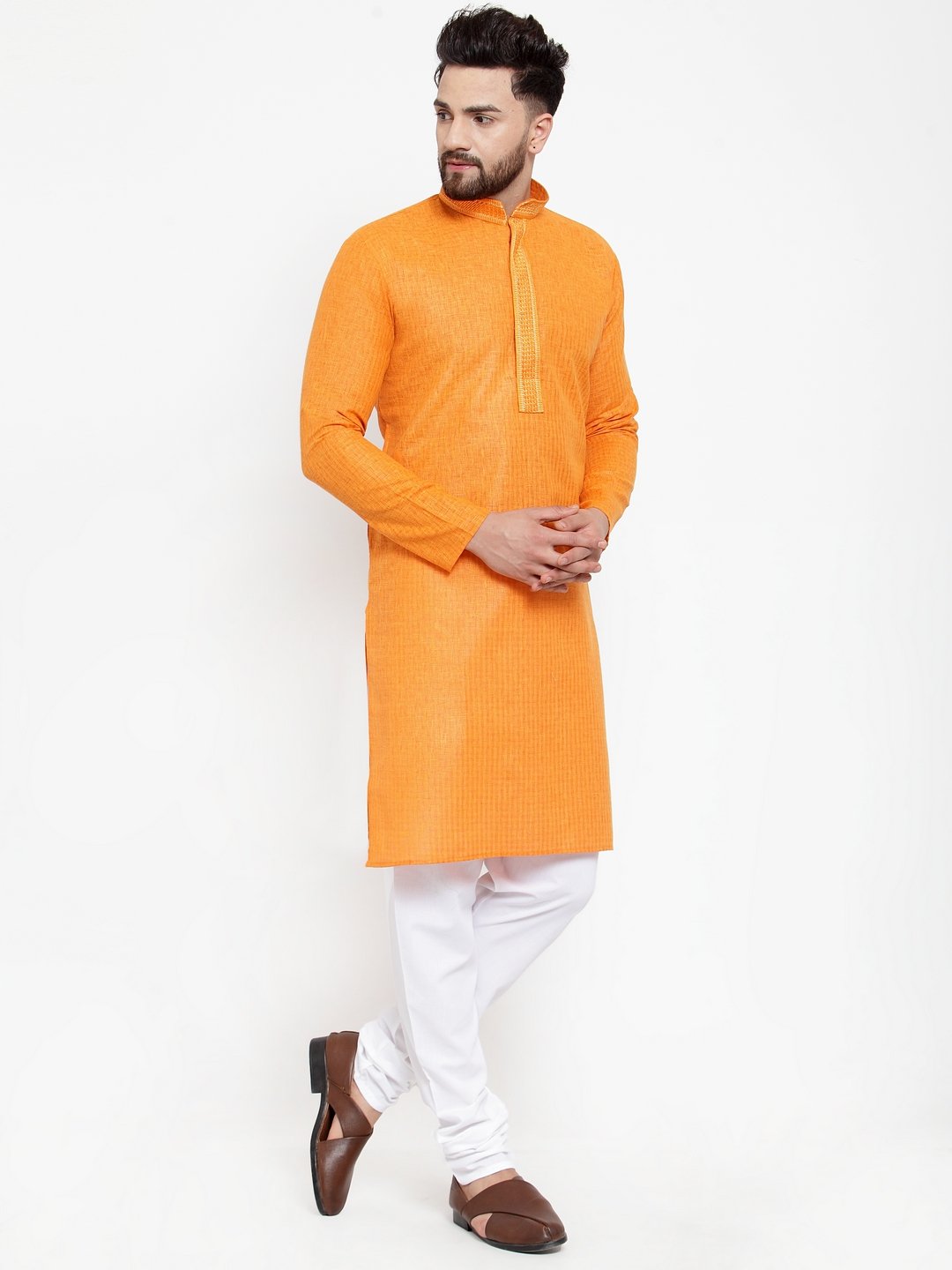 Jompers Men Orange & White Embroidered Kurta Only | Grocsy