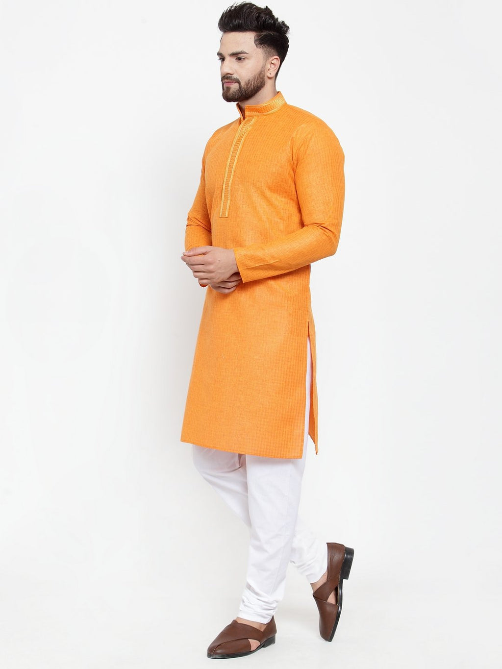 Jompers Men Orange & White Embroidered Kurta Only | Grocsy