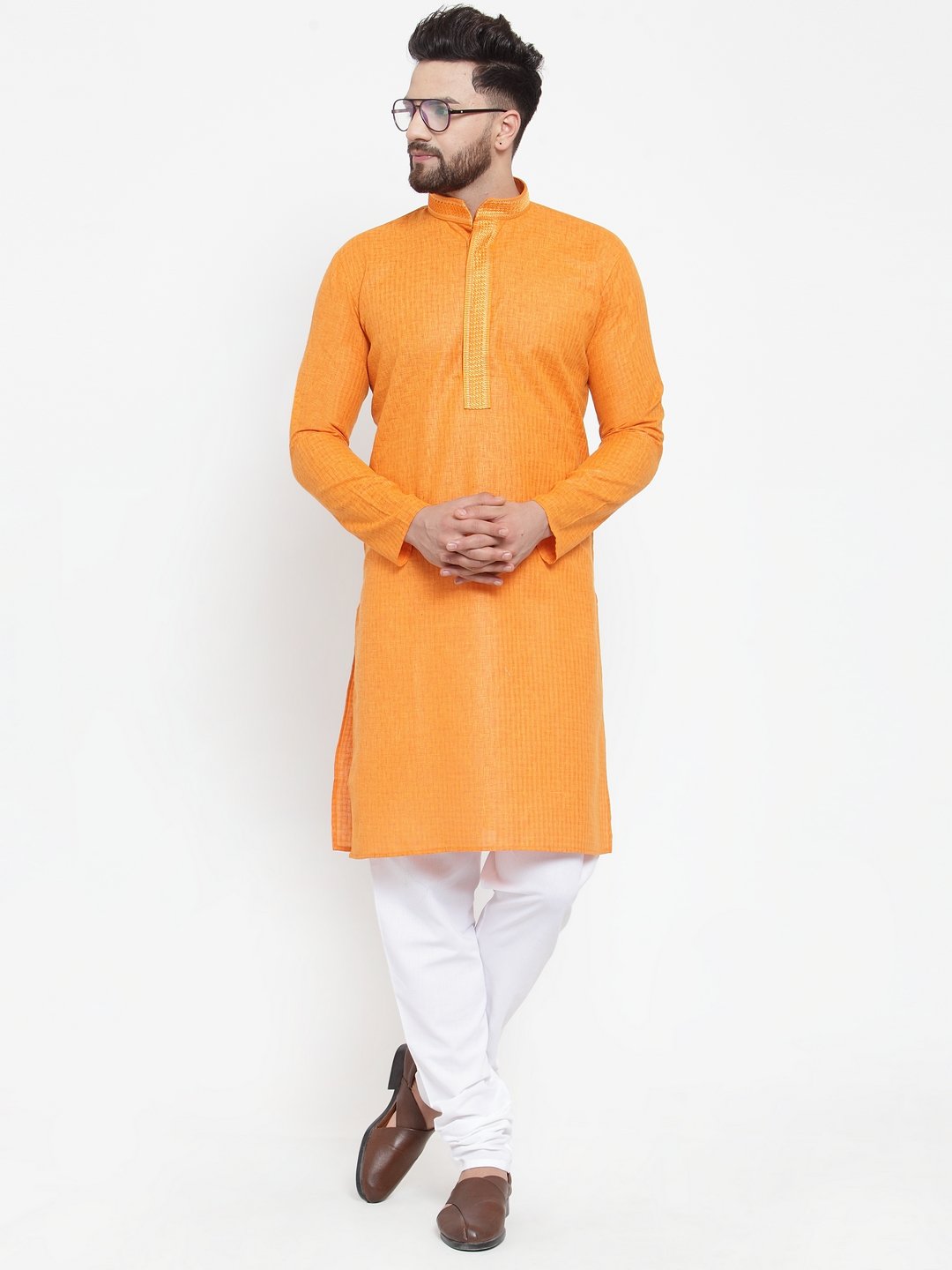 Jompers Men Orange & White Embroidered Kurta with Churidar | Grocsy