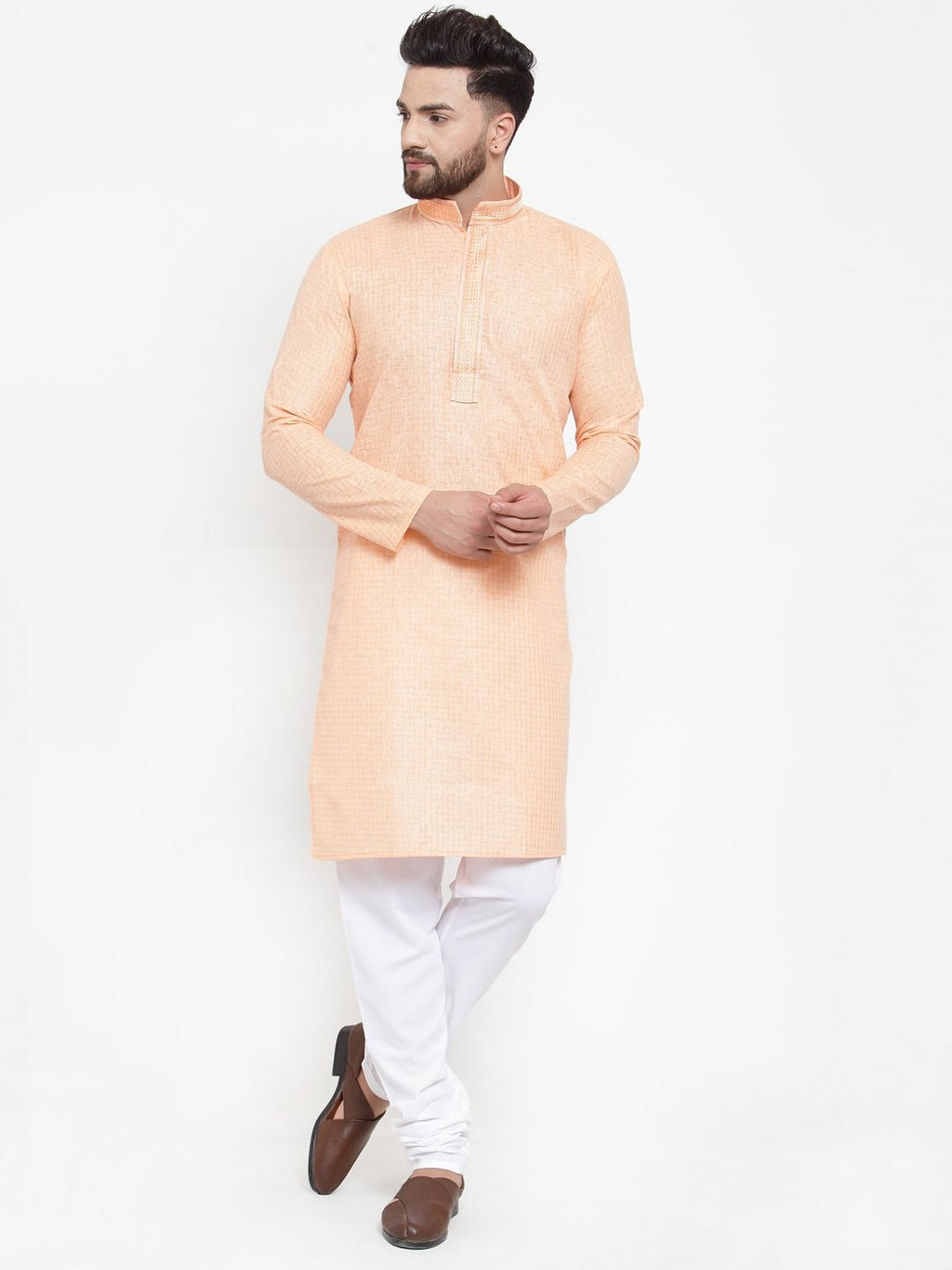 Jompers Men Peach & White Embroidered Kurta with Churidar | Grocsy