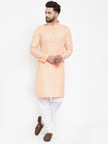 Jompers Men Peach & White Embroidered Kurta with Churidar | Grocsy