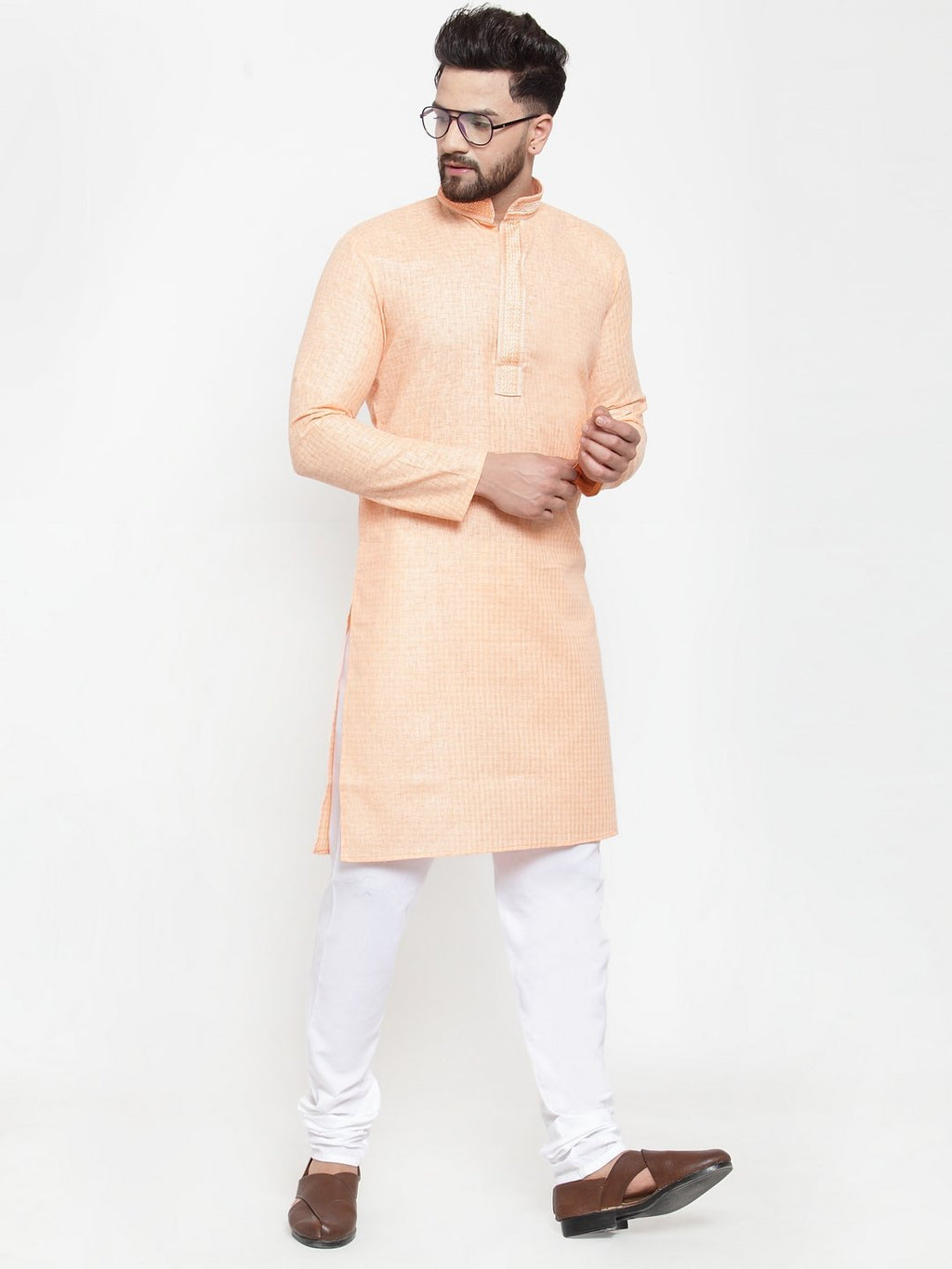 Jompers Men Peach & White Embroidered Kurta with Churidar | Grocsy