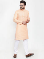 Jompers Men Peach & White Embroidered Kurta with Churidar | Grocsy