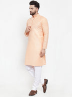 Jompers Men Peach & White Embroidered Kurta with Churidar | Grocsy