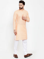 Jompers Men Peach & White Embroidered Kurta with Churidar | Grocsy