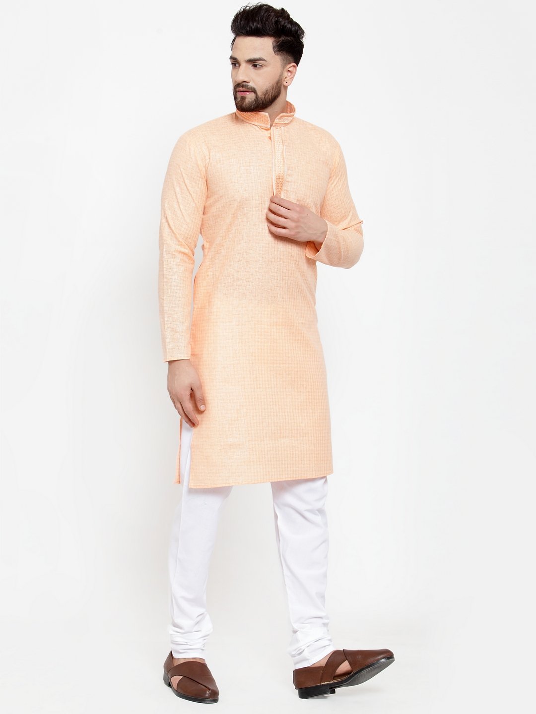 Jompers Men Peach & White Embroidered Kurta with Churidar | Grocsy