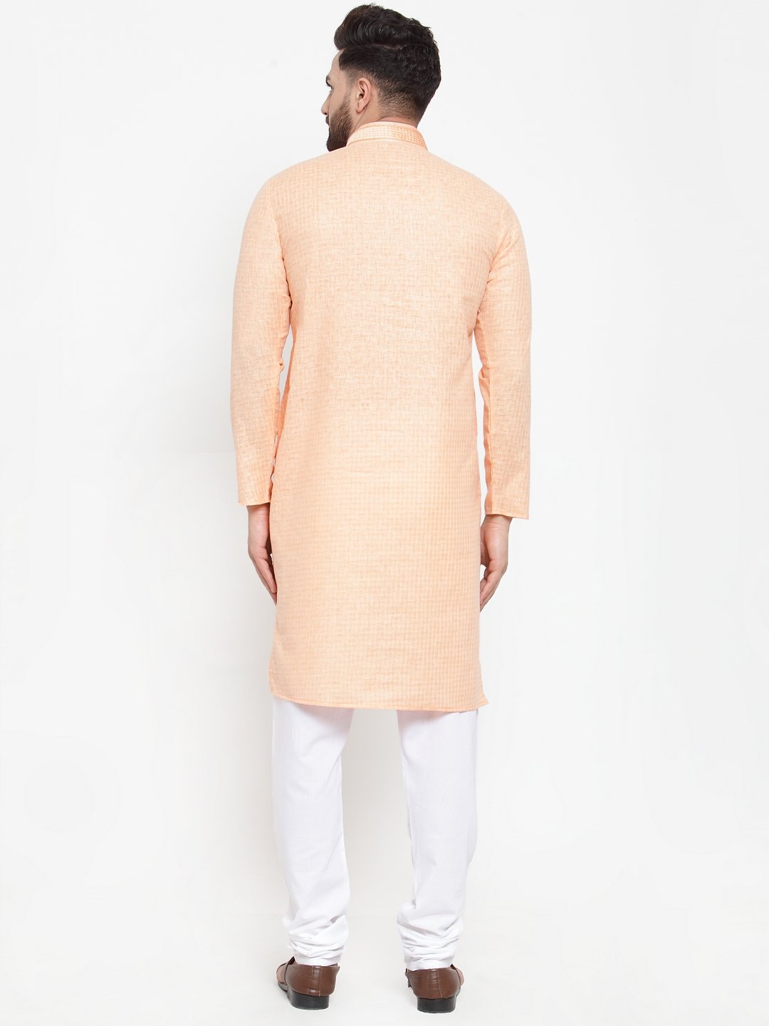 Jompers Men Peach & White Embroidered Kurta with Churidar | Grocsy