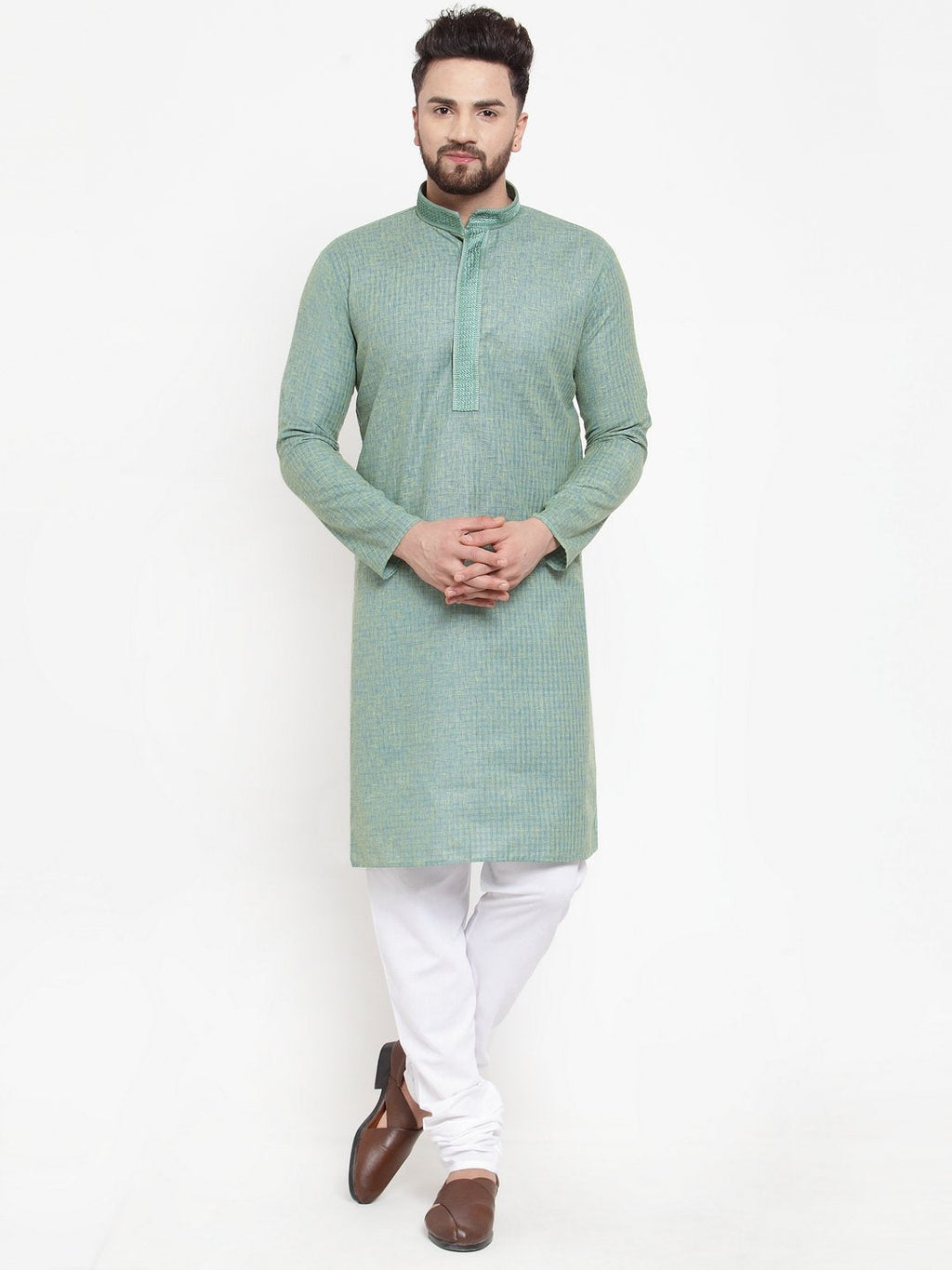 Jompers Men Sea Green & White Embroidered Kurta with Churidar | Grocsy