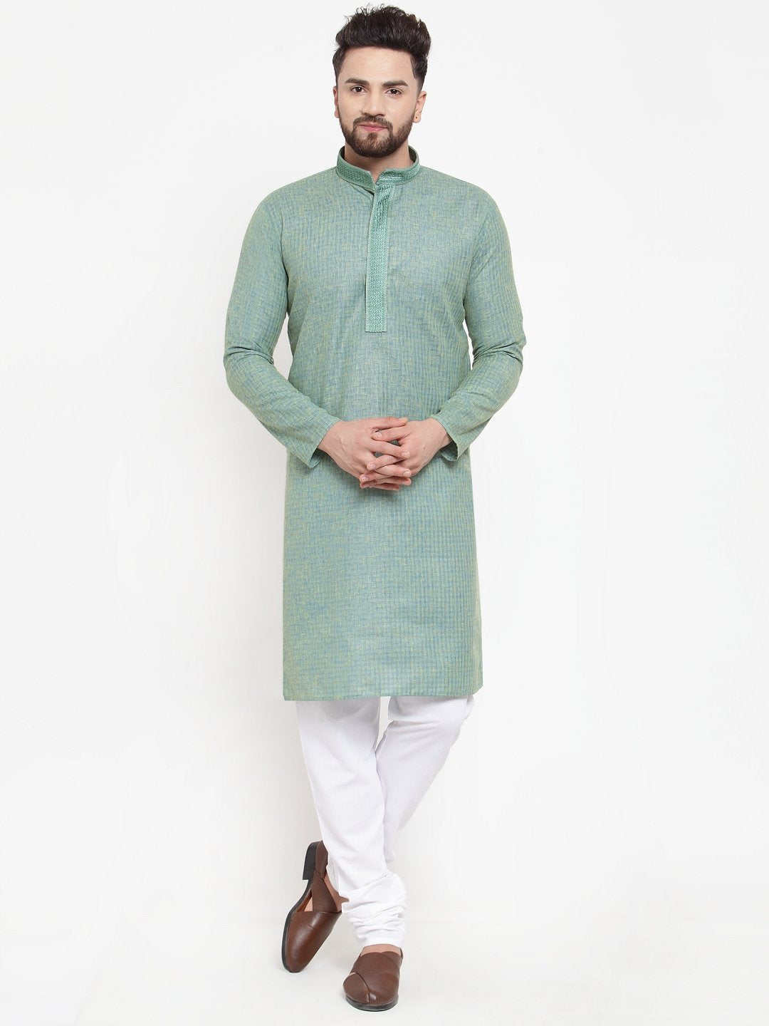 Jompers Men Sea Green & White Embroidered Kurta with Churidar | Grocsy