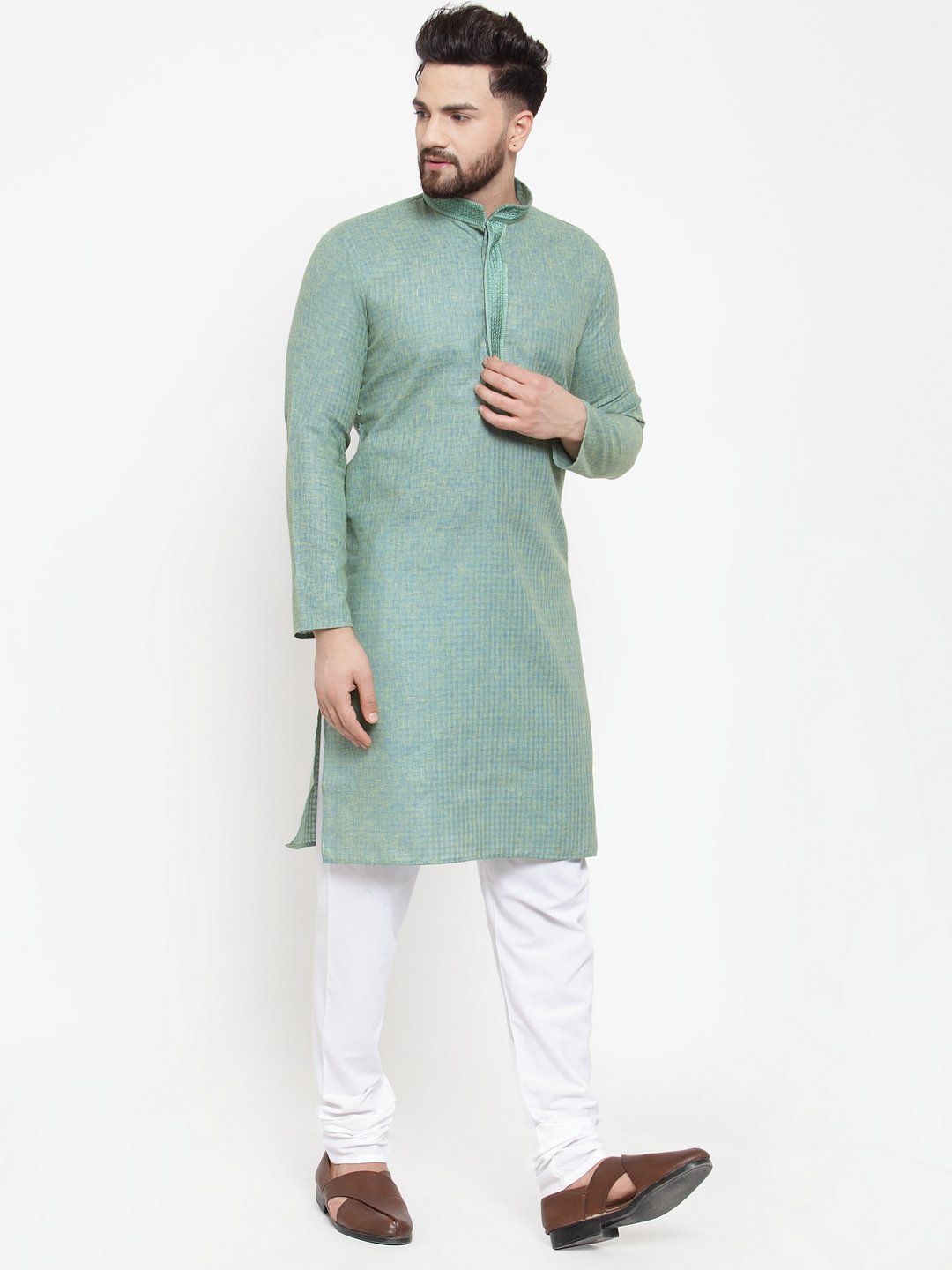 Jompers Men Sea Green & White Embroidered Kurta with Churidar | Grocsy