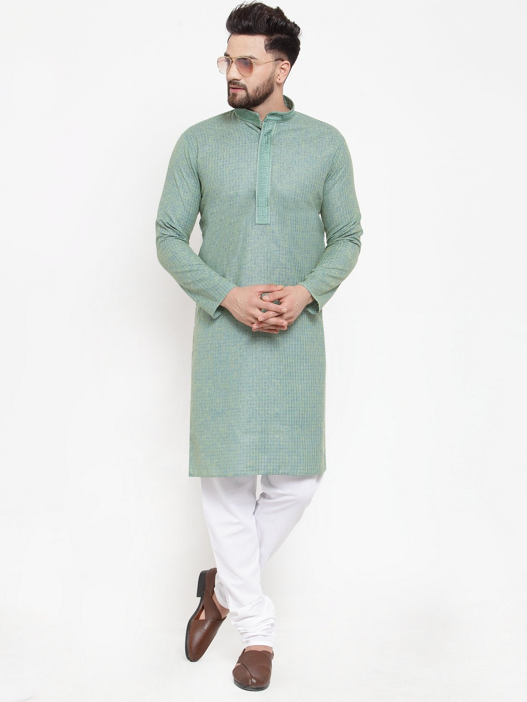 Jompers Men Sea Green & White Embroidered Kurta with Churidar | Grocsy