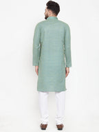 Jompers Men Sea Green & White Embroidered Kurta with Churidar | Grocsy