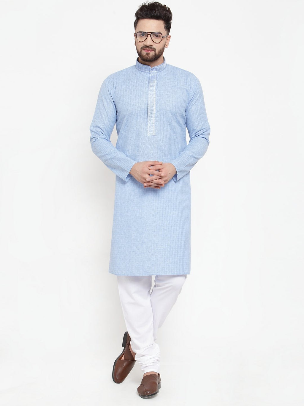 Jompers Men Blue & White Embroidered Kurta Only | Grocsy