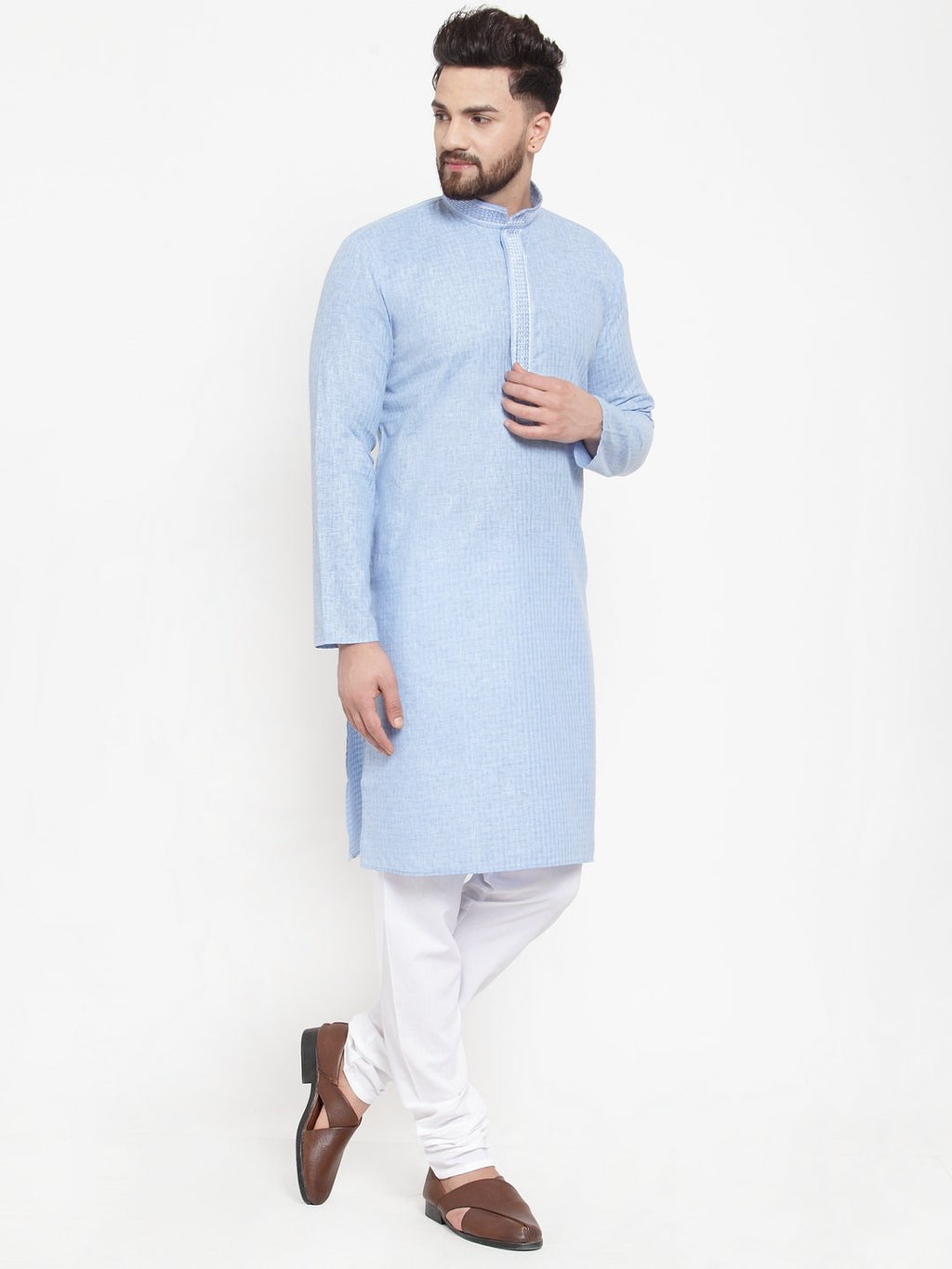 Jompers Men Blue & White Embroidered Kurta Only | Grocsy
