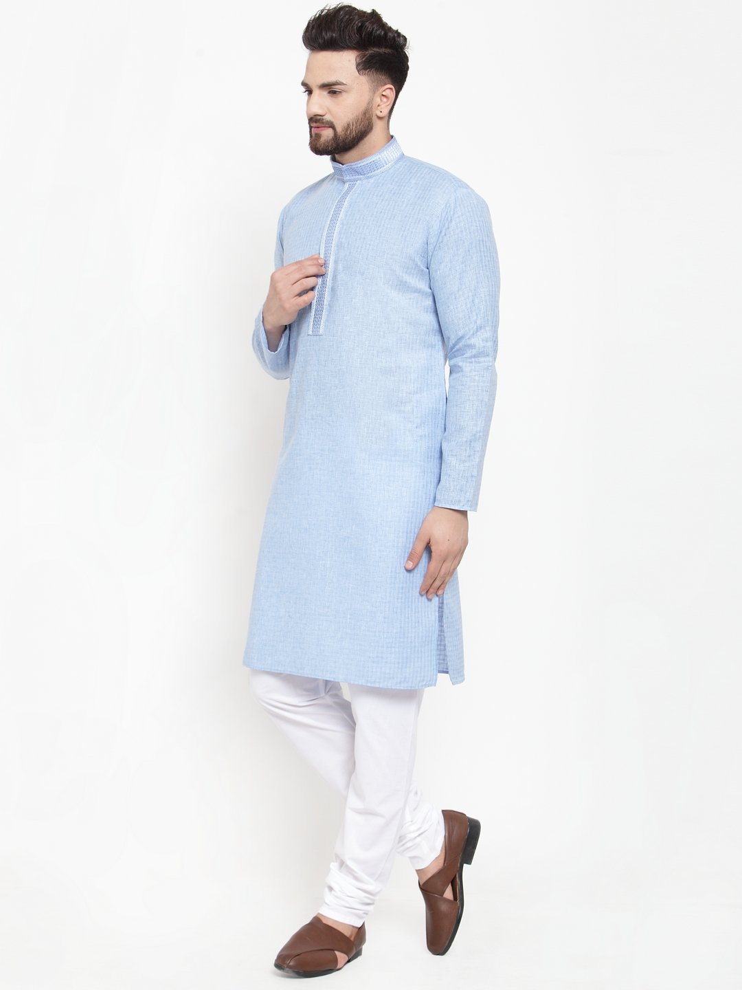 Jompers Men Blue & White Embroidered Kurta Only | Grocsy