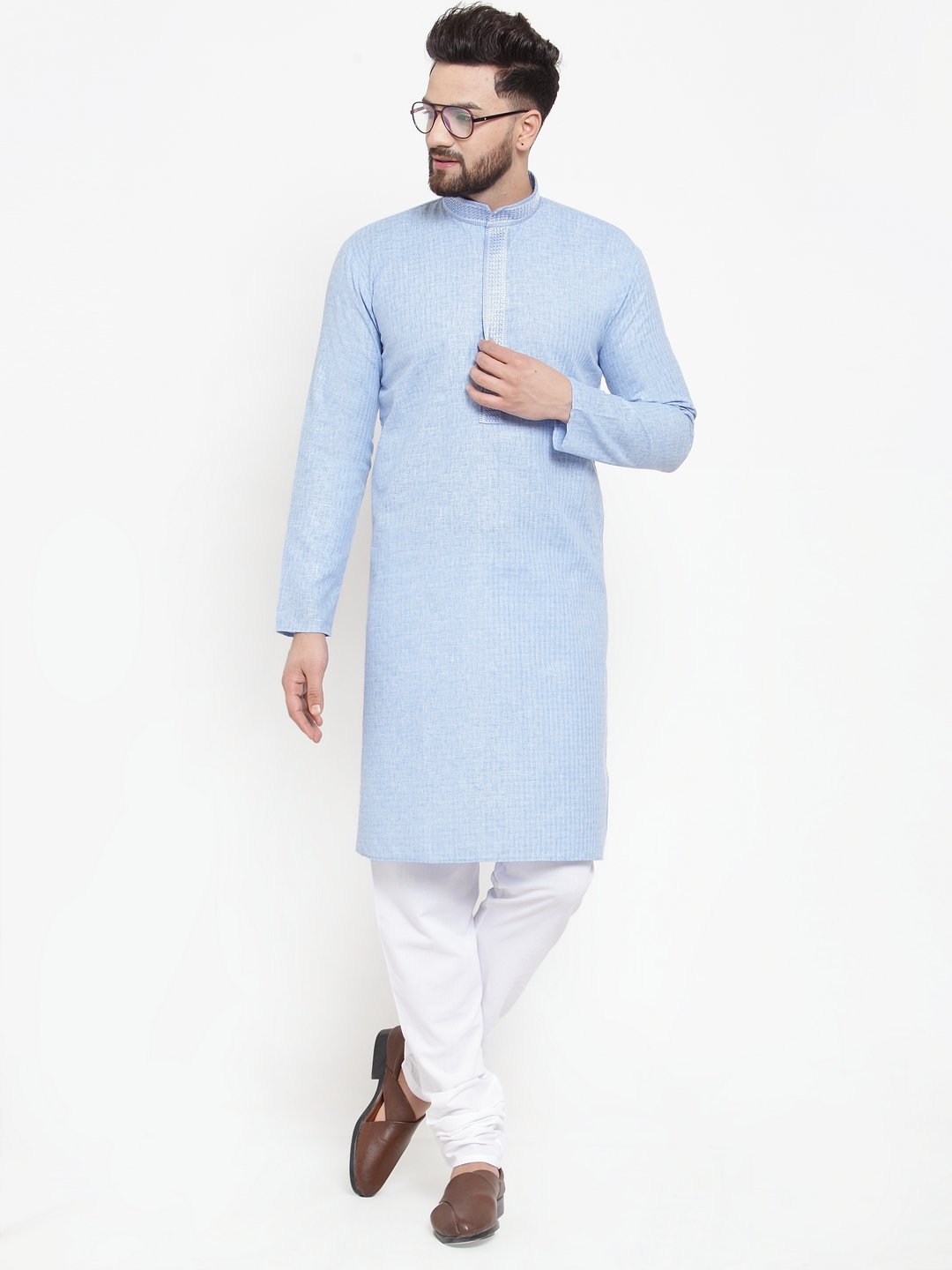 Jompers Men Blue & White Embroidered Kurta Only | Grocsy