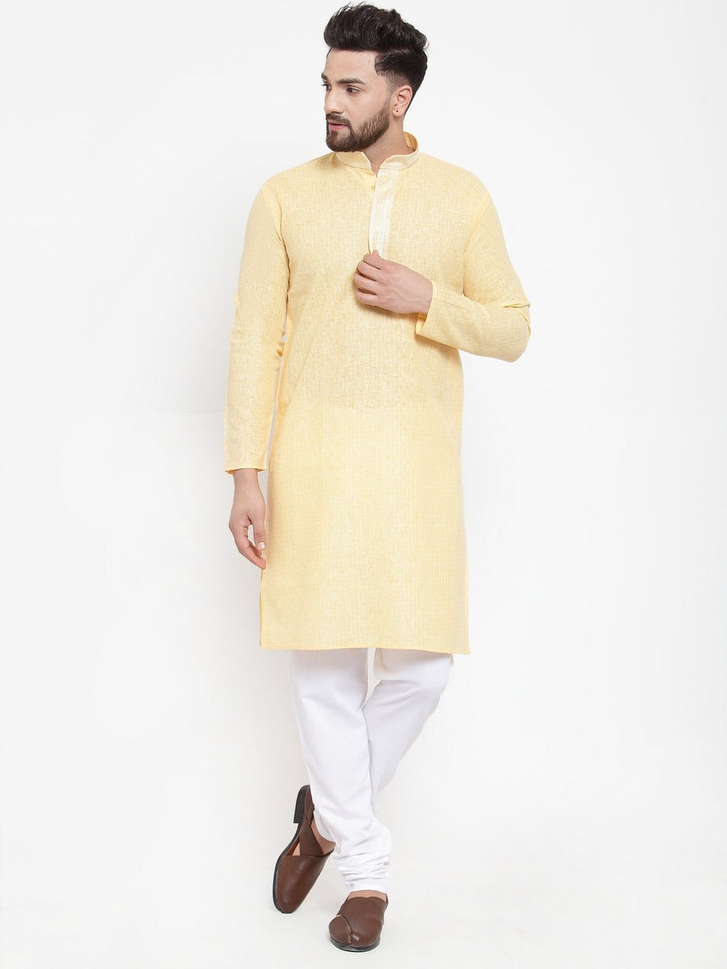 Jompers Men Yellow & White Embroidered Kurta with Churidar | Grocsy