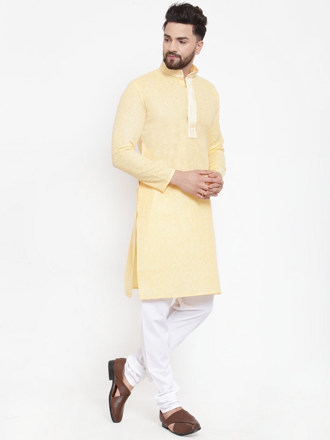 Jompers Men Yellow & White Embroidered Kurta with Churidar | Grocsy