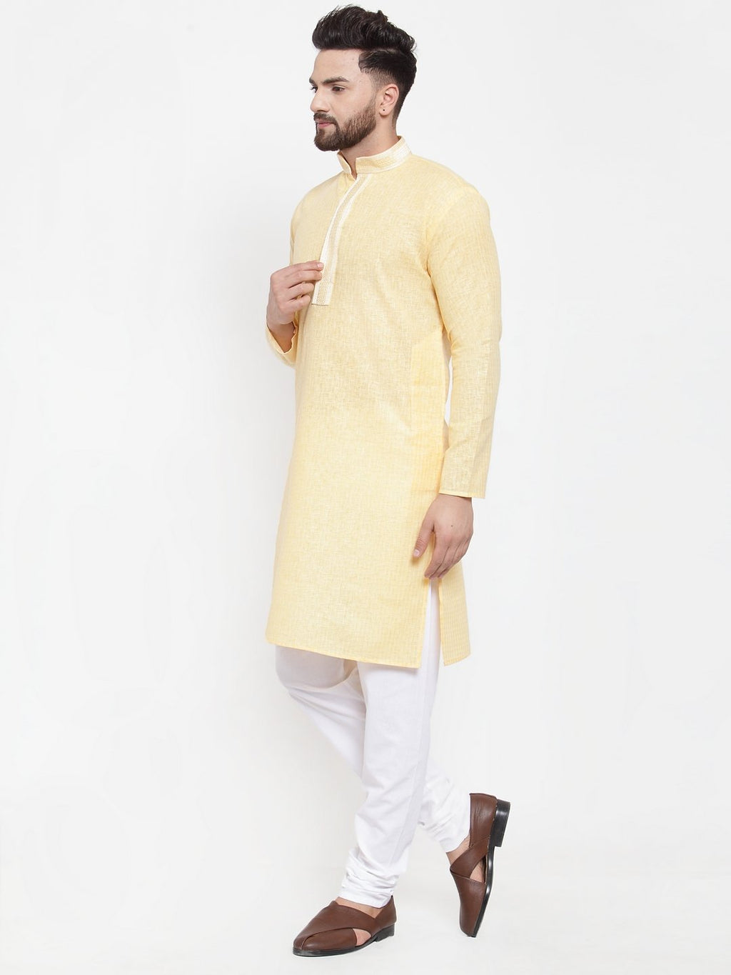 Jompers Men Yellow & White Embroidered Kurta with Churidar | Grocsy