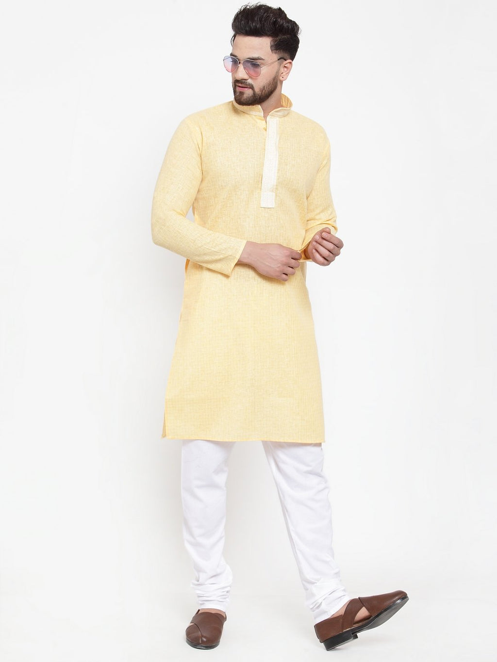 Jompers Men Yellow & White Embroidered Kurta with Churidar | Grocsy