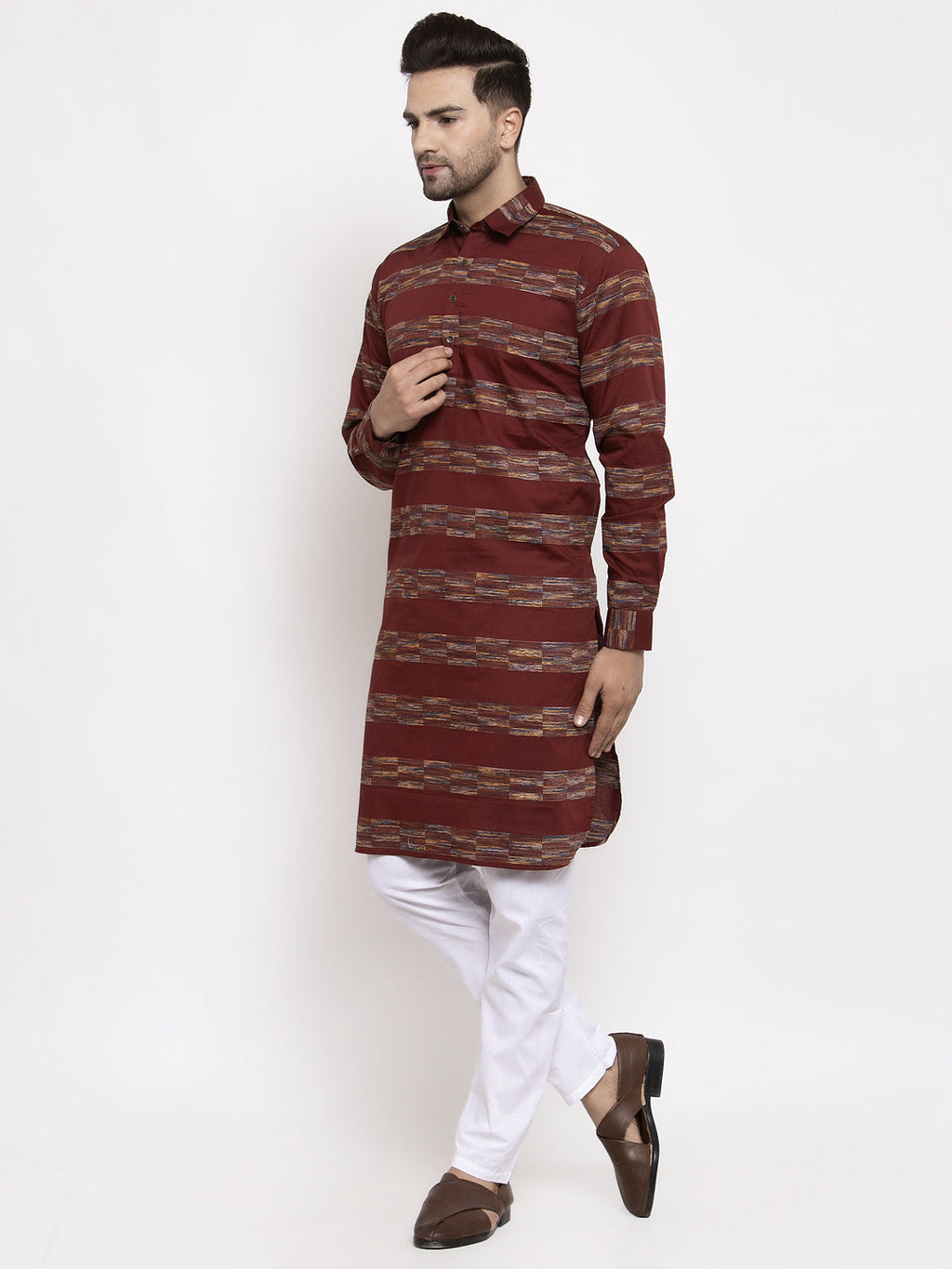Jompers Men Brown Woven Design Kurta with Pyjamas | Grocsy
