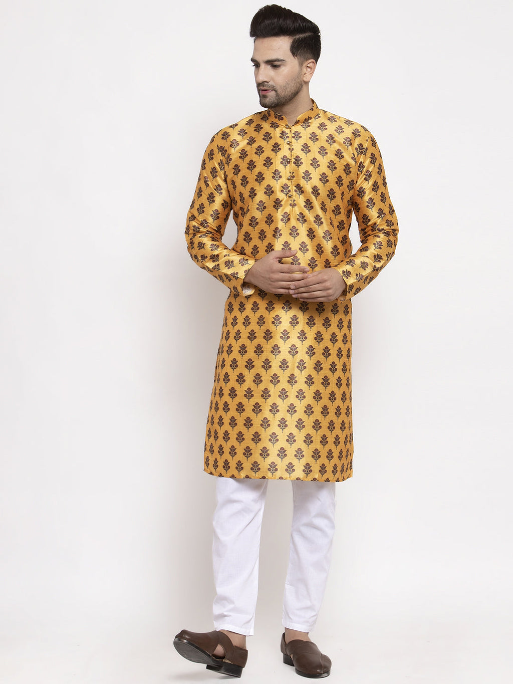 Jompers Men's Yellow Printed Kurta Payjama Sets | Grocsy