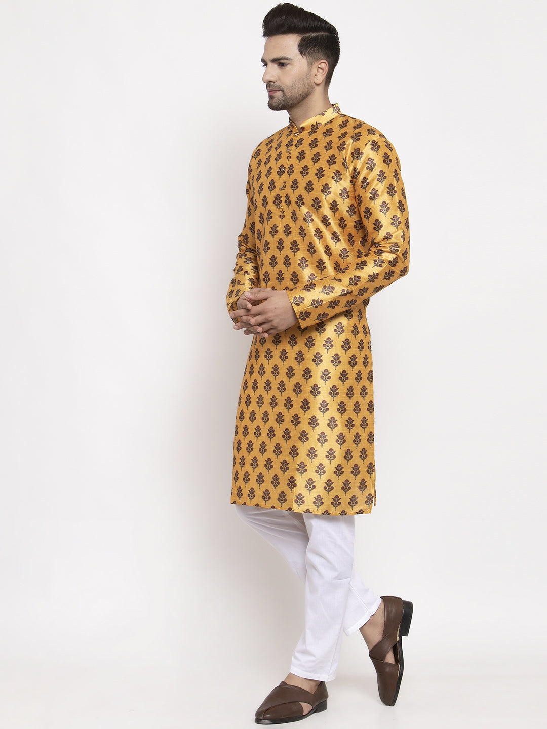 Jompers Men's Yellow Printed Kurta Only | Grocsy