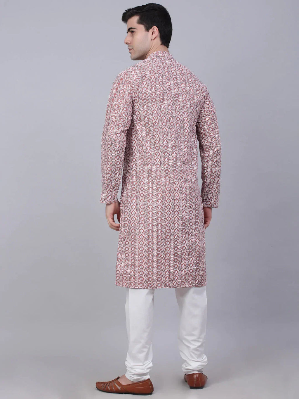 Jompers Men's Coral Red & White Embroidered Straight Kurta Pyjama Set | Grocsy