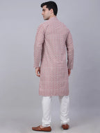 Jompers Men's Coral Red & White Embroidered Straight Kurta Pyjama Set | Grocsy