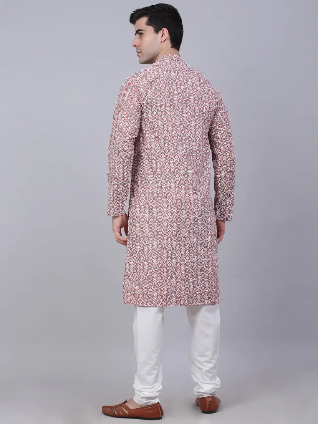 Jompers Men's Coral Red & White Embroidered Straight Kurta Pyjama Set | Grocsy