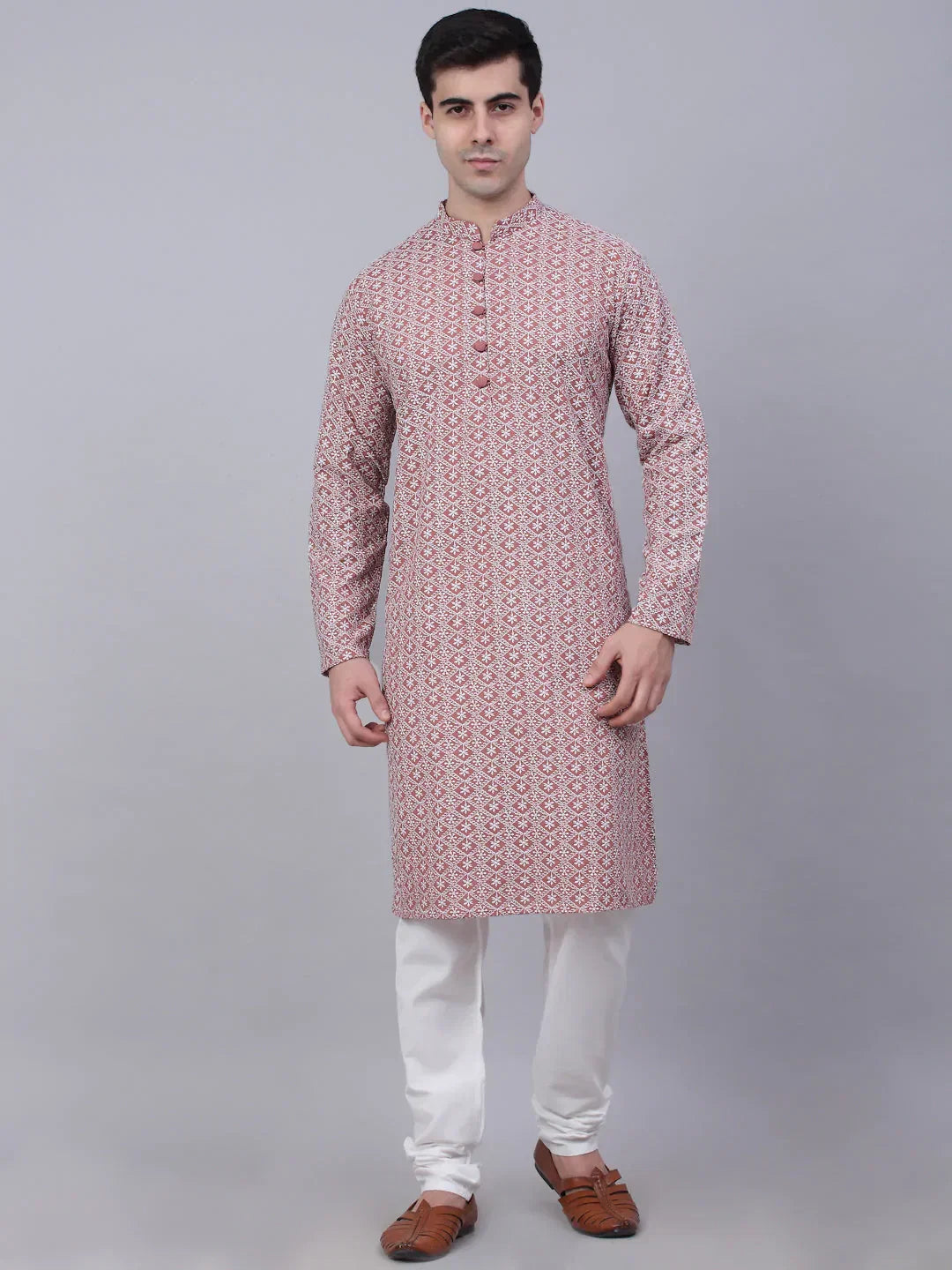 Jompers Men's Coral Red & White Embroidered Straight Kurta Pyjama Set | Grocsy
