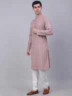 Jompers Men's Coral Red & White Embroidered Straight Kurta Pyjama Set | Grocsy