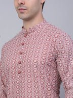 Jompers Men's Coral Red & White Embroidered Straight Kurta Pyjama Set | Grocsy