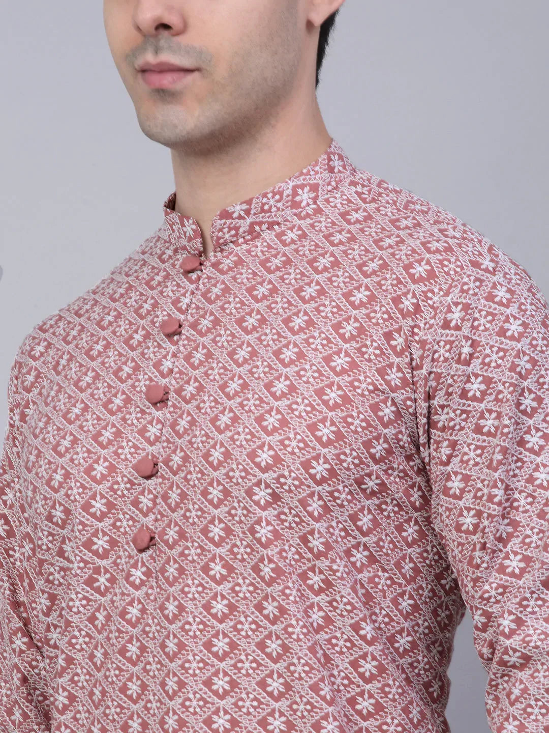 Jompers Men's Coral Red & White Embroidered Straight Kurta Pyjama Set | Grocsy